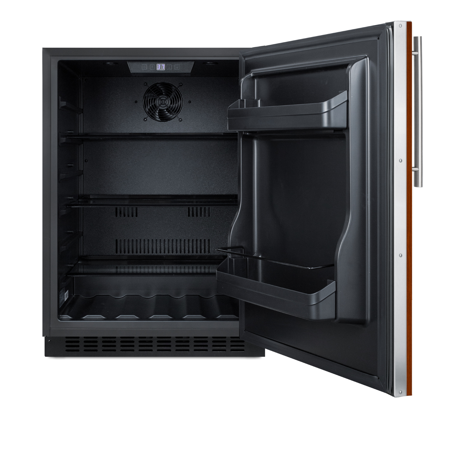 Built-in undercounter ADA compliant all-refrigerator with panel-ready door, black cabinet, door storage, and digital controls